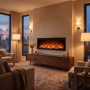 50 inch linear electric fireplace wall mounted above walnut console