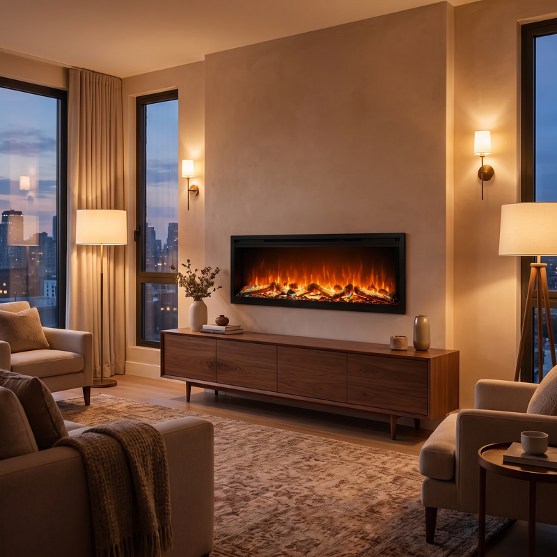50 inch linear electric fireplace wall mounted above walnut console