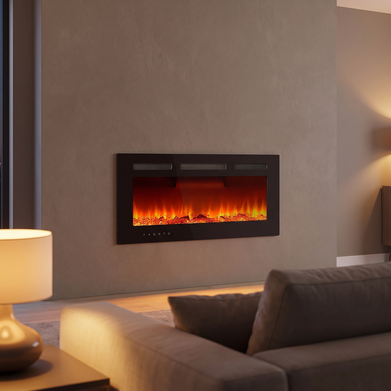 42 inch recessed electric fireplace glowing in a modern living room at dusk