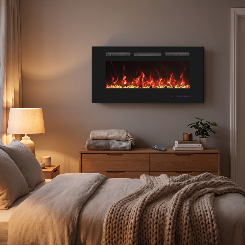30 inch compact wall mounted electric fireplace in a cozy bedroom