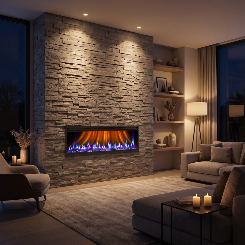 Ultra-slim recessed electric fireplace in a contemporary media wall at night