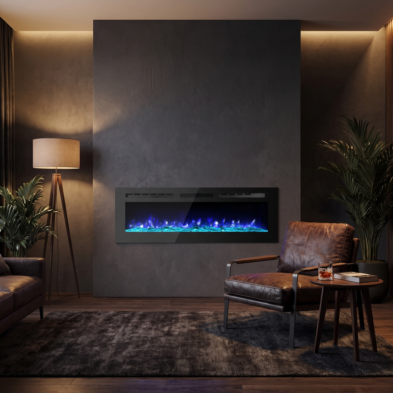 60 inch black slim recessed electric fireplace in a moody modern lounge
