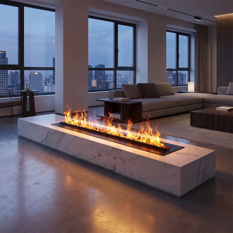 Smart water vapor fireplace centerpiece in a modern open-plan apartment