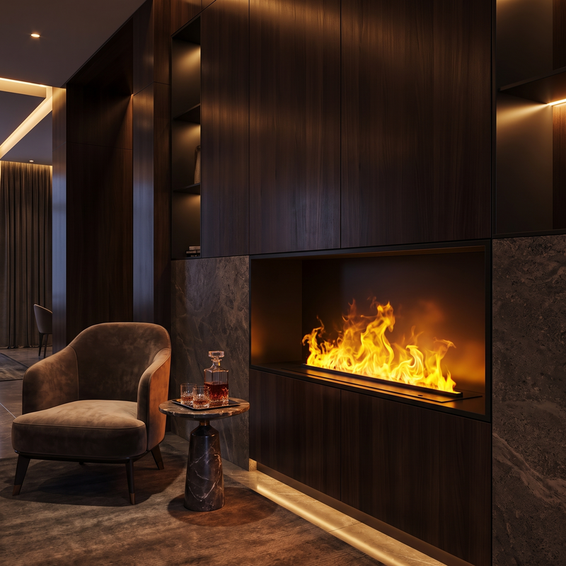 3D water vapor fireplace with amber mist flame in an elegant lounge