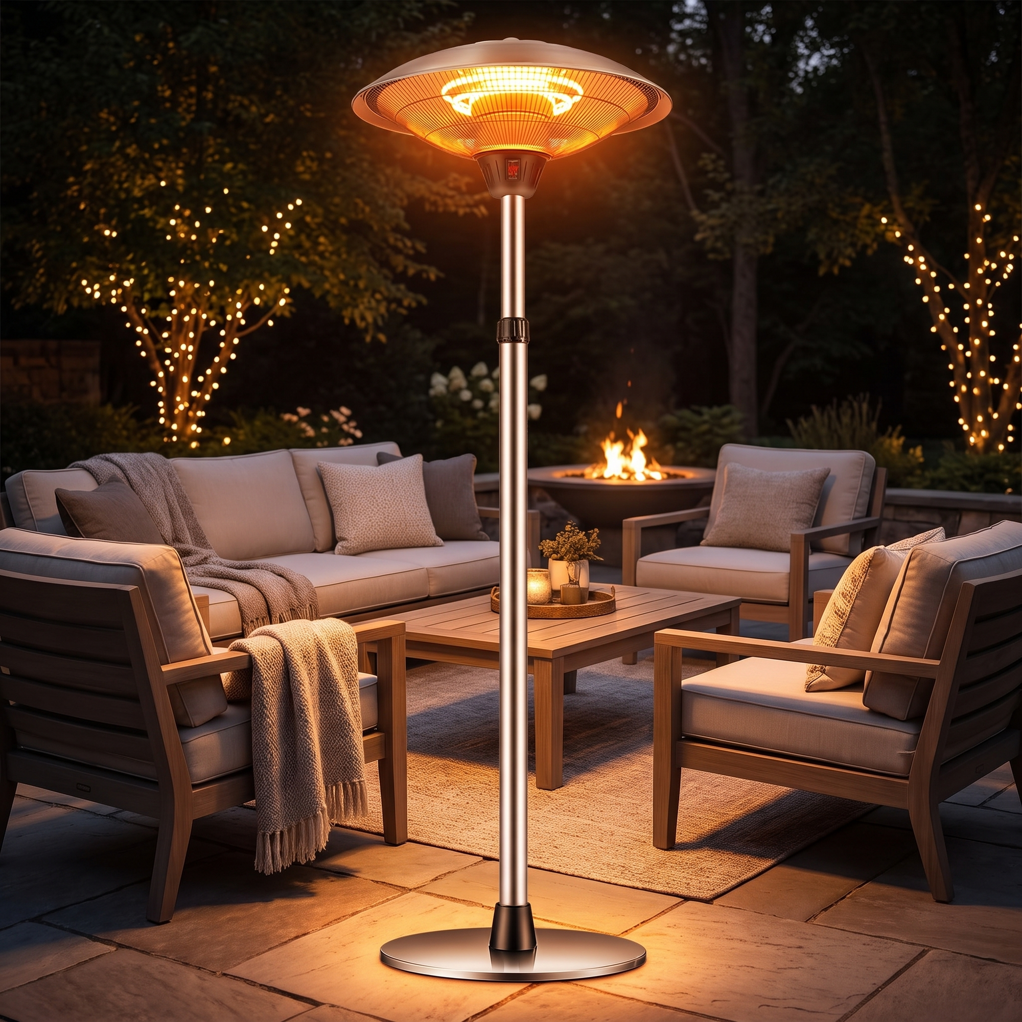 Umbrella-style stainless steel patio heater glowing on a hotel terrace in the evening