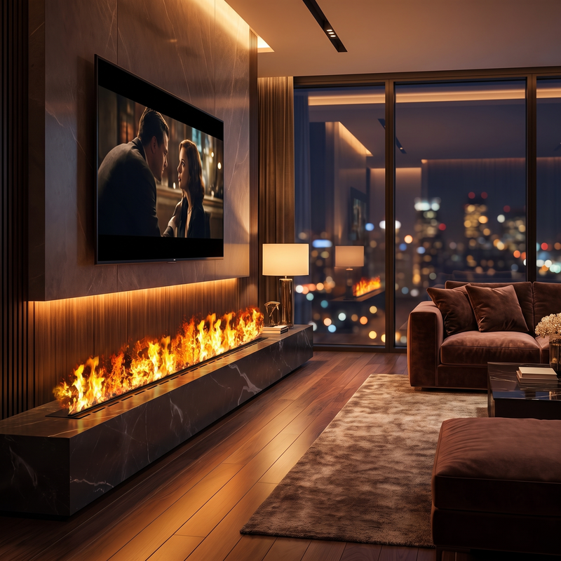 Luxury 3D water vapor fireplace TV stand with smart steam flame in a premium living room
