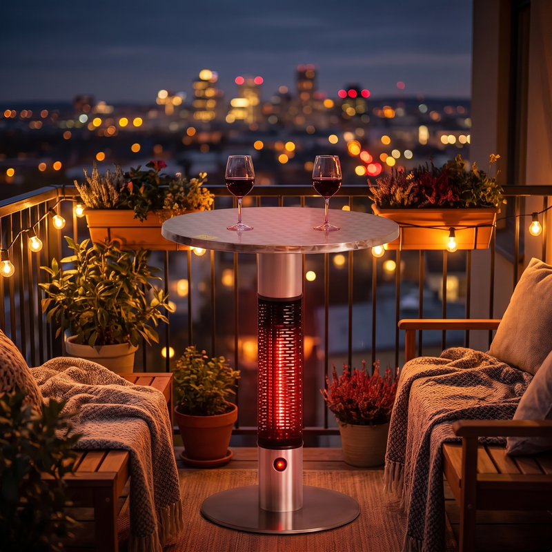 Bistro table patio heater with built-in infrared column warming a deck gathering