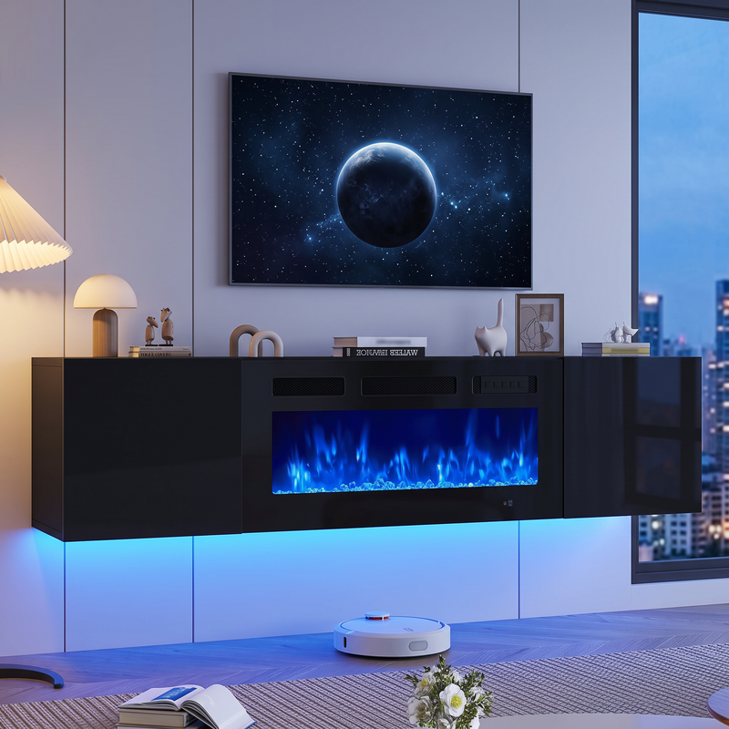 70 inch floating wall-mounted TV stand with 36 inch electric fireplace in a minimalist living room