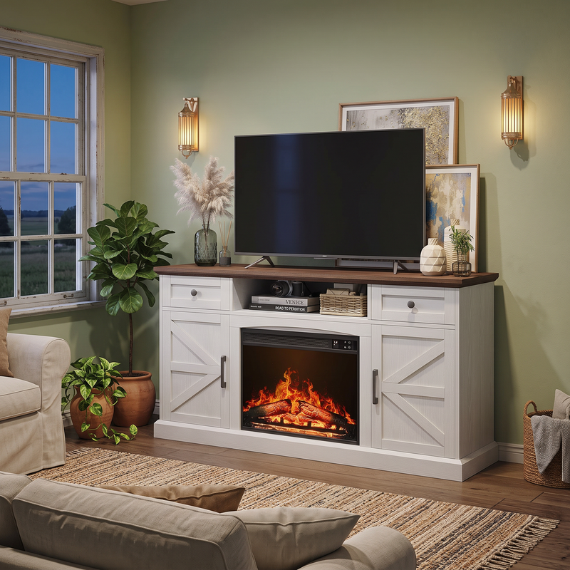 Antique white farmhouse fireplace TV stand for 70 inch TVs in a warm living room