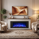 70 inch fluted fireplace TV stand with 42 inch electric fireplace in a modern farmhouse living room