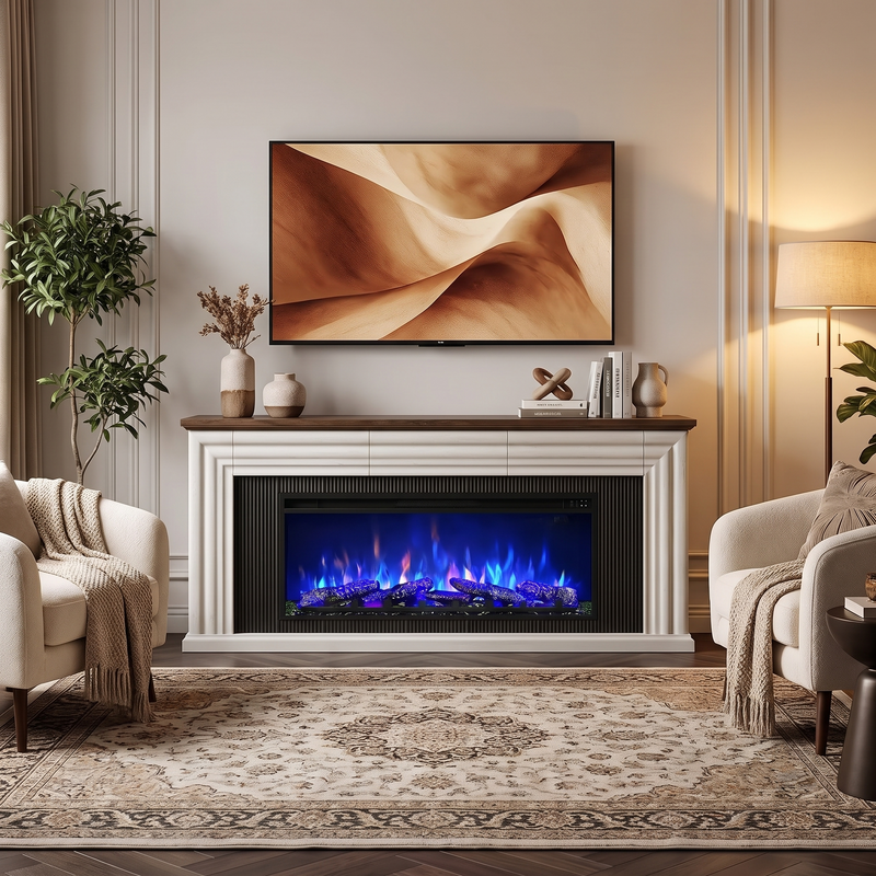 70 inch fluted fireplace TV stand with 42 inch electric fireplace in a modern farmhouse living room