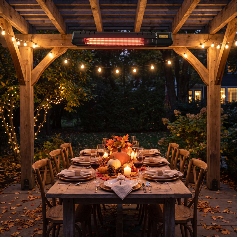 Modern wall-mounted electric patio heater warming an outdoor dining area at dusk