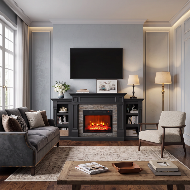 72 inch electric fireplace TV stand with mantel and realistic flame insert in a cozy living room