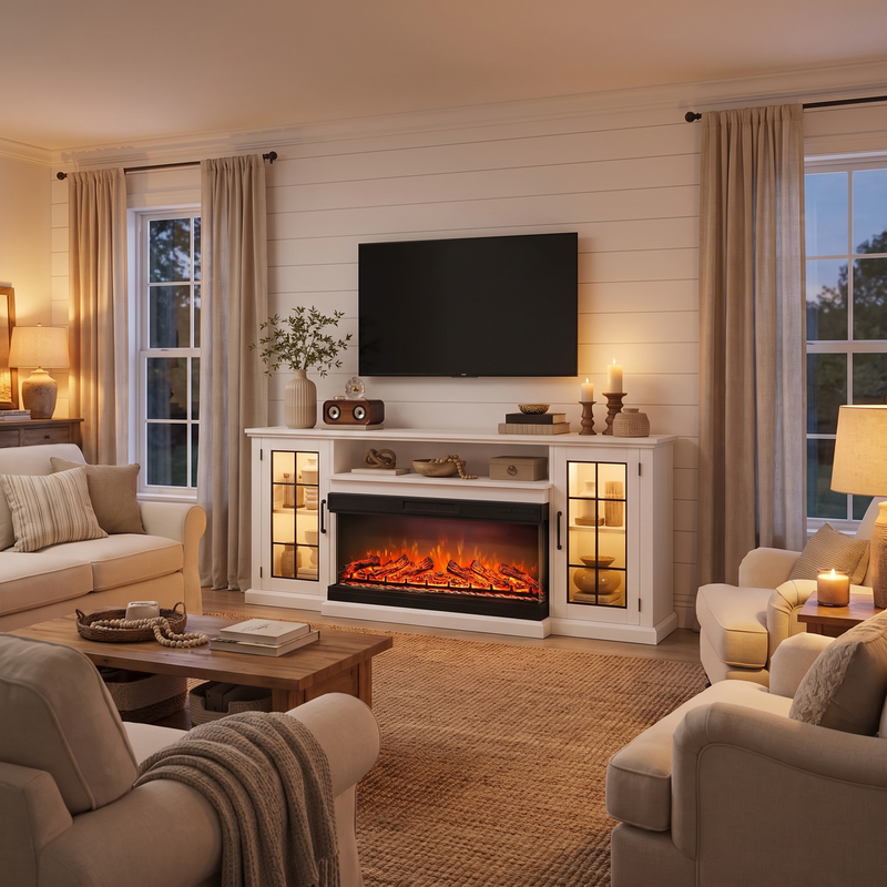 75 inch farmhouse fireplace TV stand with 3-sided glass fireplace glowing in a living room