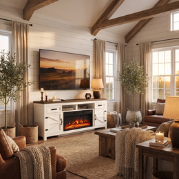 80 inch white farmhouse fireplace TV stand with barn doors in a bright great room