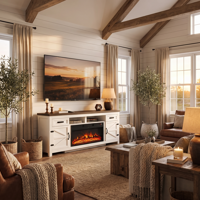 80 inch white farmhouse fireplace TV stand with barn doors in a bright great room
