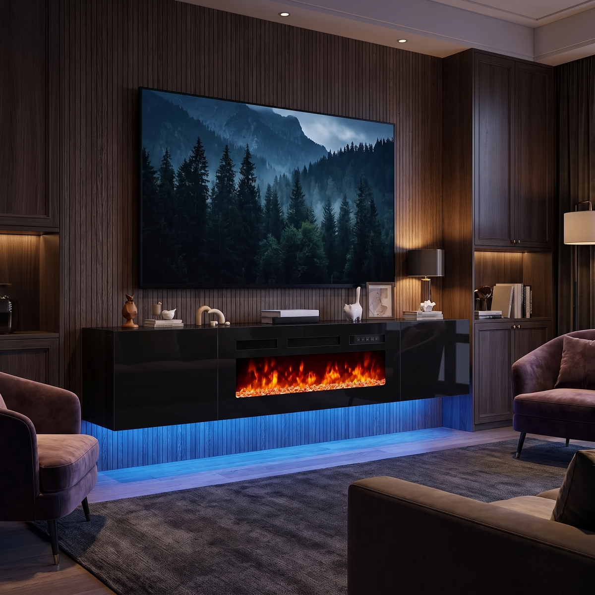 80 inch floating TV stand with 40 inch electric fireplace and LED lights in a modern living room