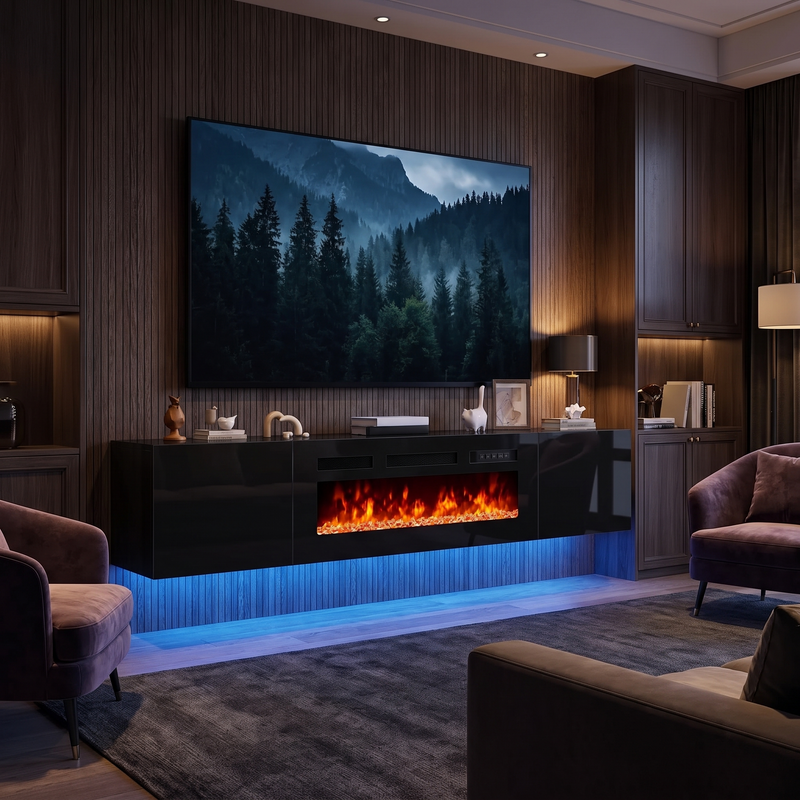 80 inch floating TV stand with 40 inch electric fireplace and LED lights in a modern living room