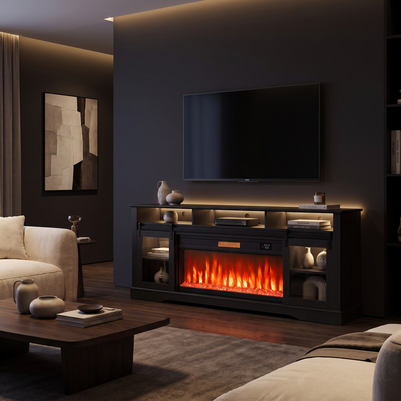 Modern black fireplace TV stand with 36 inch glass electric fireplace and LED lights in a living room
