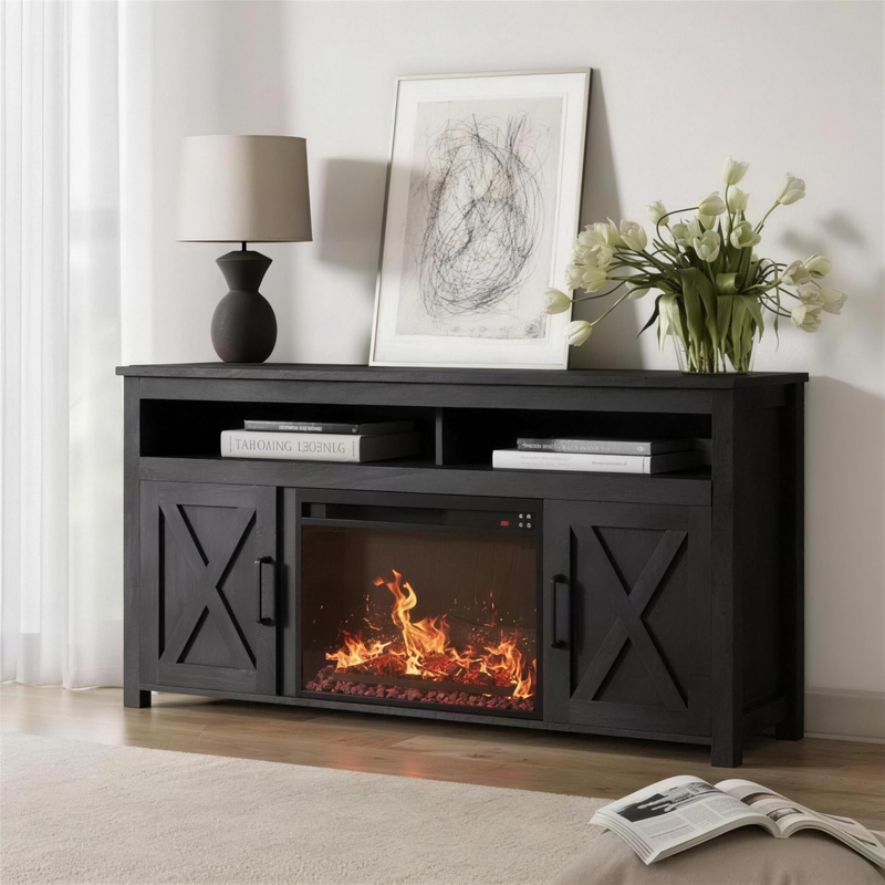 58 Inch Electric Fireplace TV Stand for TVs up to 65 Inch, Farmhouse Media Console Entertainment Center for Living Rooms