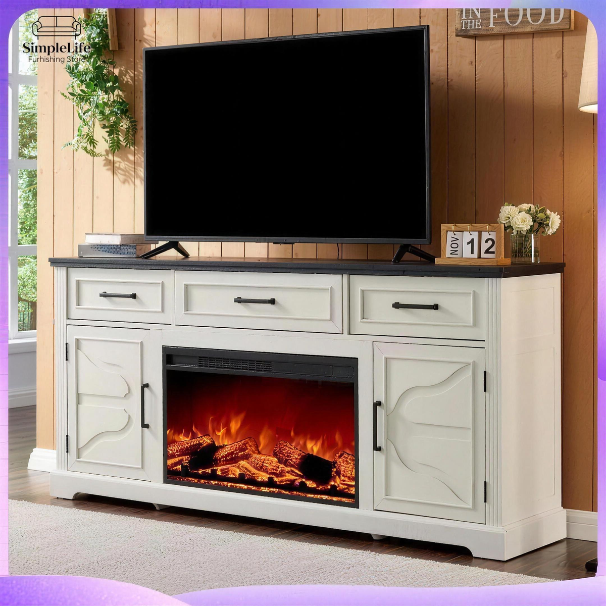 TV Stand with Electric Fireplace for TVs up to 75 Inches Media Entertainment Center Living Room Storage Console Cabinet