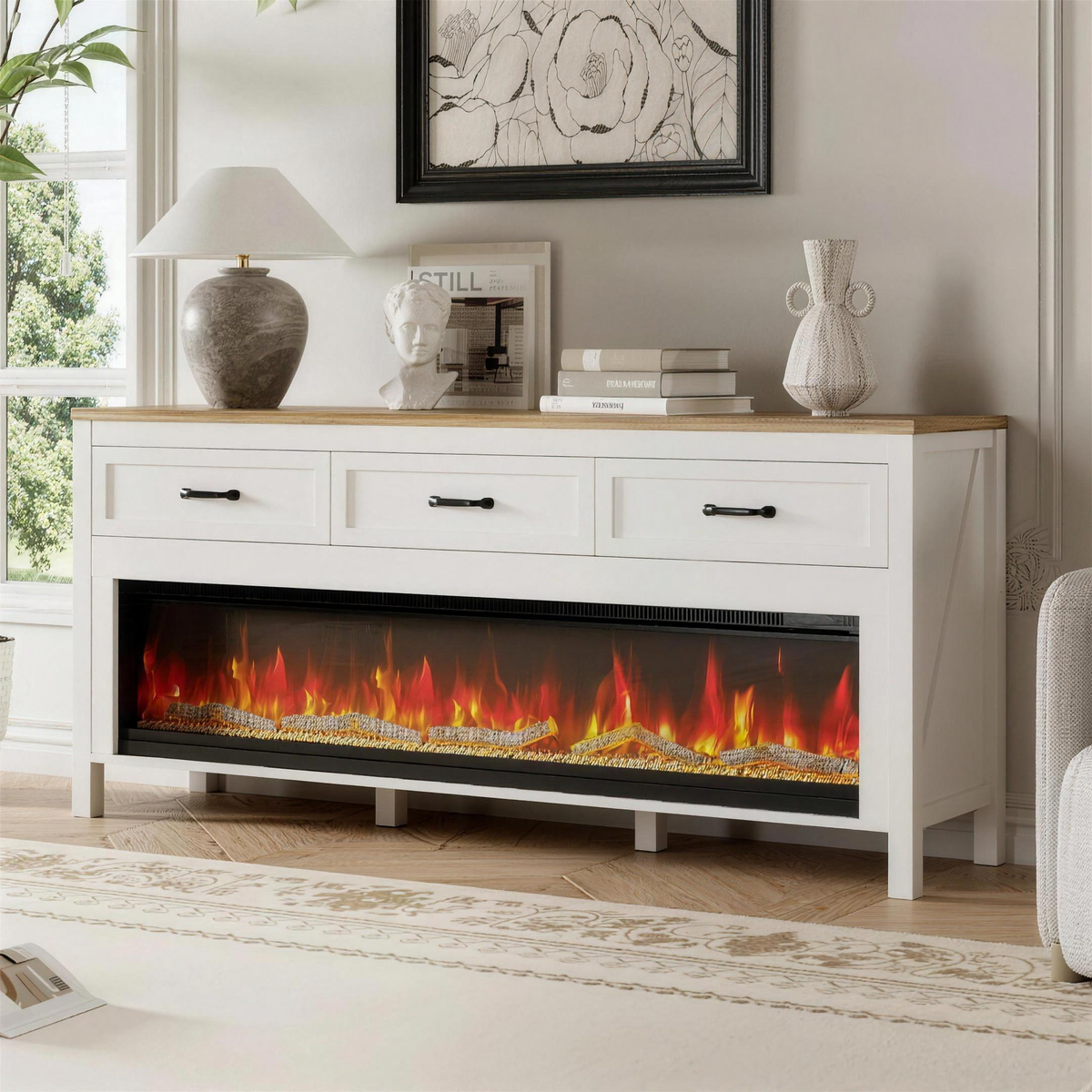 Fireplace TV Stand for 65-75 Inch TVs, Entertainment Center with Electric Fireplace for Living Room
