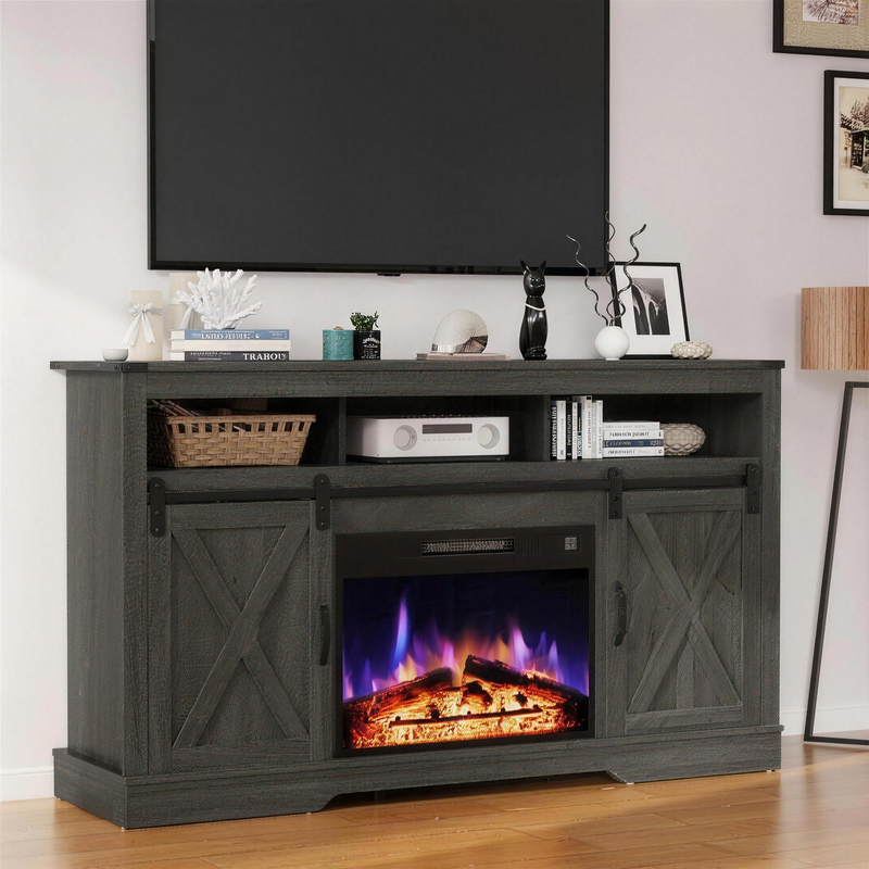 Farmhouse Entertainment Center with Electric Fireplace for 65+ Inch TVs, Large Media Wall with Storage Hutch