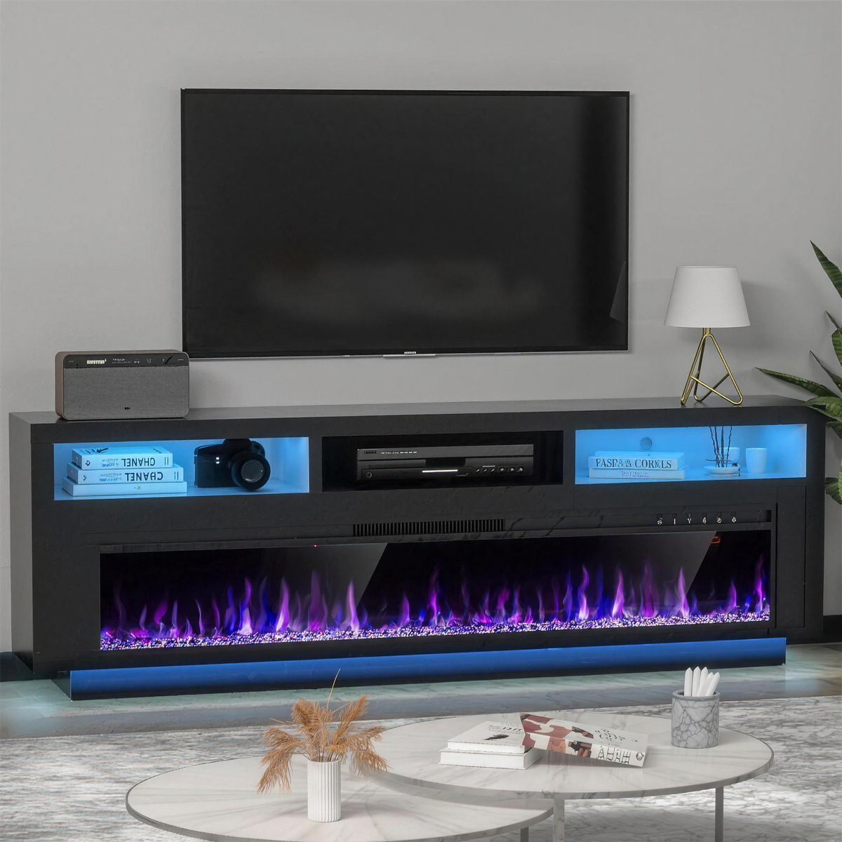 65 Inch TV Stand with Electric Fireplace, Black LED Entertainment Center with Storage Cabinet