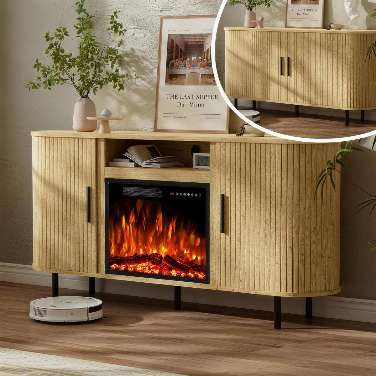 65" Fluted Fireplace TV Stand for TVs Up to 75 inches, Modern Entertainment Center with 23" Electric Fireplace, Wooden