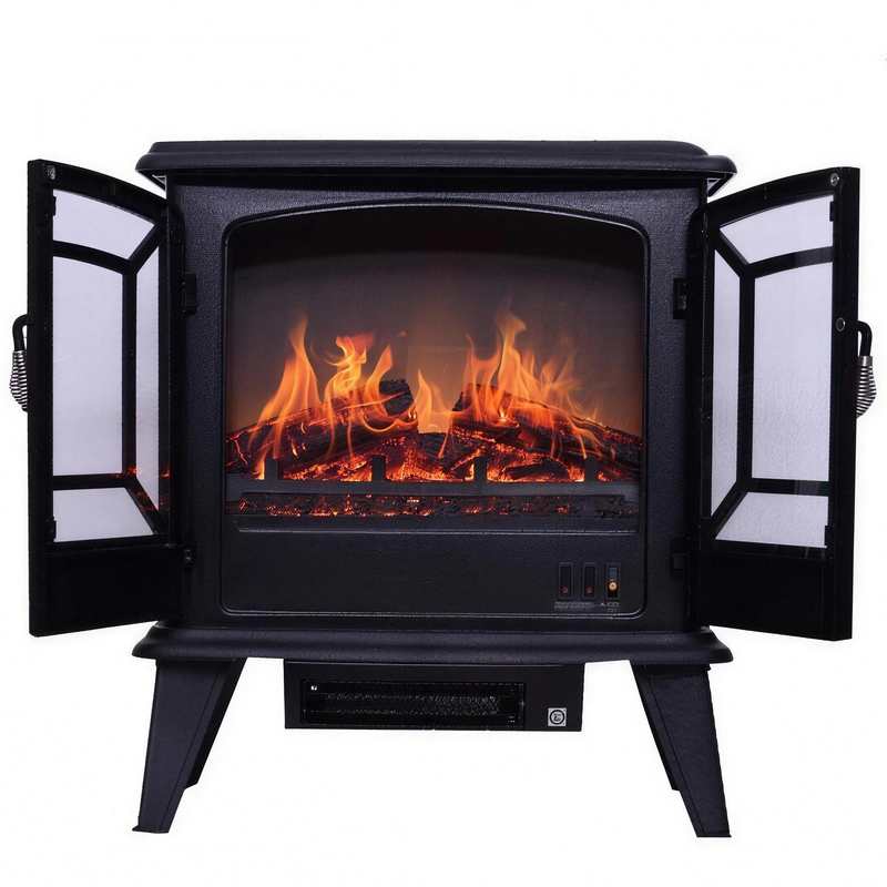 European Style Freestanding Electric Fireplace Heater Two-Door with 3D Simulated Flame Metal Material for Use