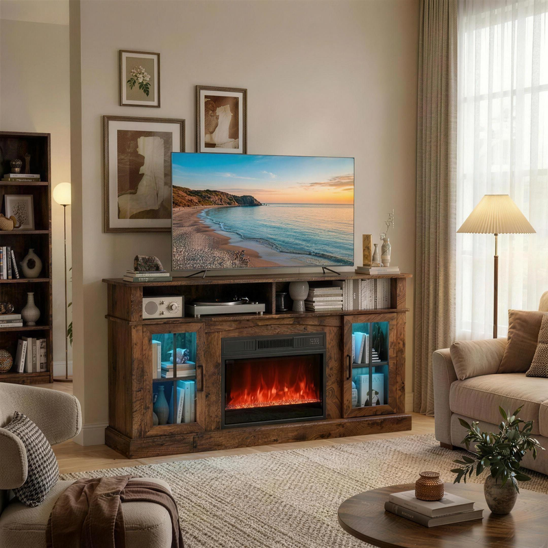 Electric Fireplace TV Stand for TVs Up To 65 Inches with LED Lights, Remote Controls, 9 Flame Colors, 3-Level