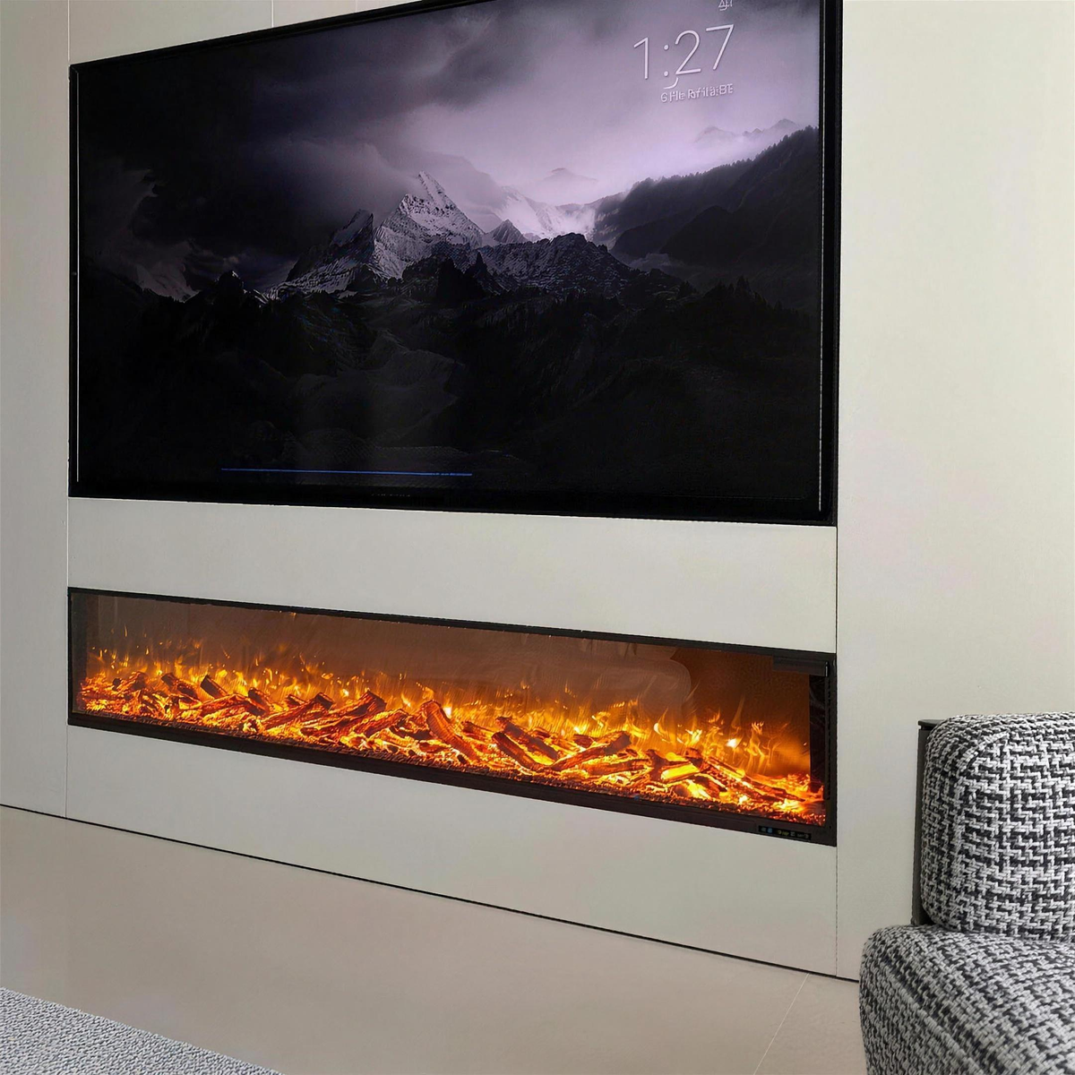 Freestanding Linear Electric Fireplace 750W Adjustable Flame Brightness Crystal Log Bed Modern Black Frame