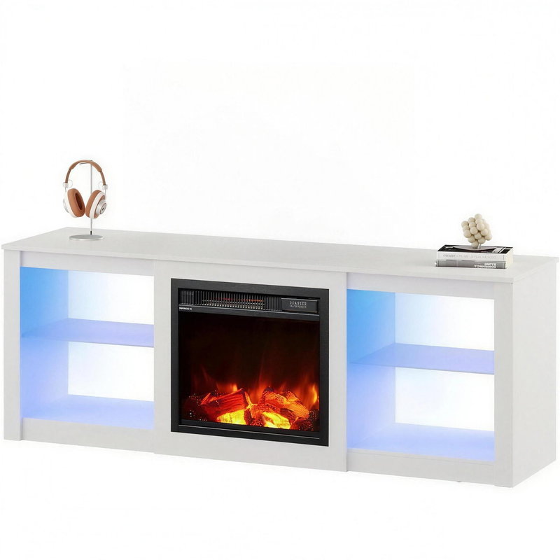 65 Inch Fireplace TV Stand with LED Lights, Modern Electric Fireplace TV Console with Storage