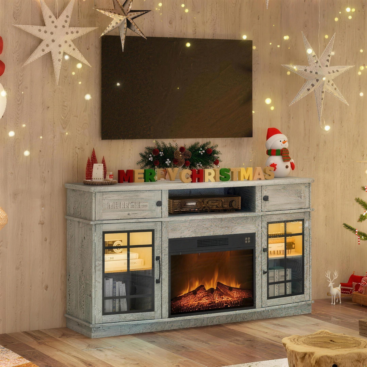 Electric Fireplace TV Stand for TVs up to 65 Inch, Modern Media Console Entertainment Center, Adjustable LED Flame for Living Rooms