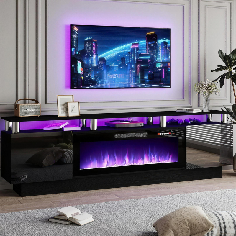 70 inch high-gloss fireplace TV stand with LED lighting