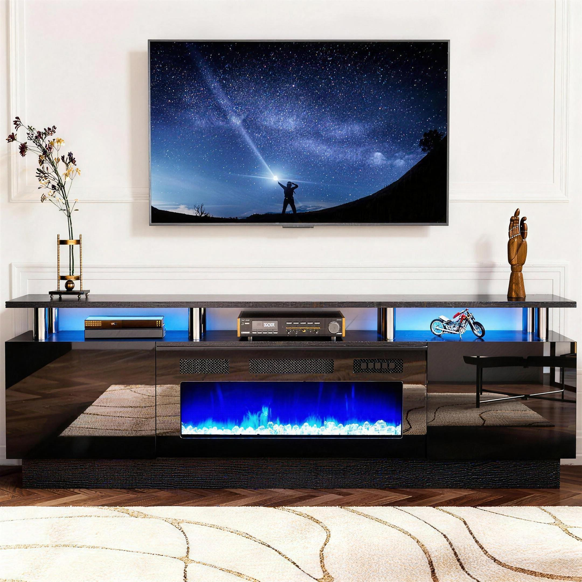Double-tier black electric fireplace TV stand with LED lights