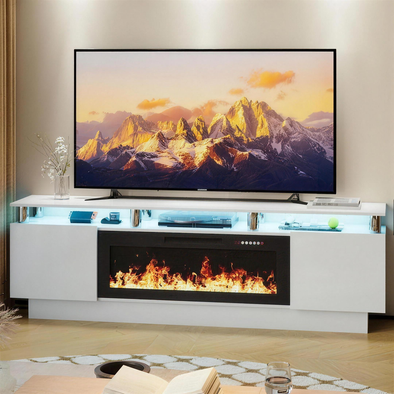80 Inch Electric Fireplace TV Stand, Modern Media Console Entertainment Center, Adjustable LED Flame for Living Rooms