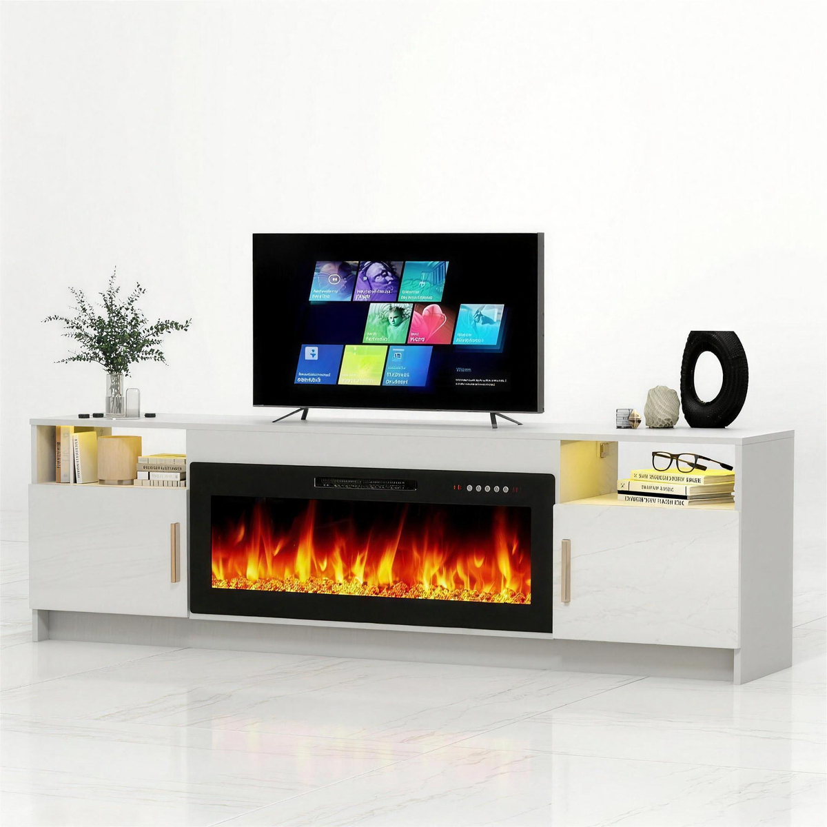 Electric Fireplace TV Stand, Modern Media Console Entertainment Center, Adjustable LED Flame for Living Rooms