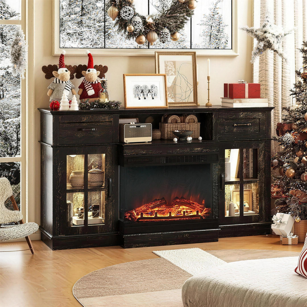 65 Inch Electric Fireplace TV Stand, Modern Media Console Entertainment Center, Storage Cabinets, Adjustable LED Flame for Living Rooms