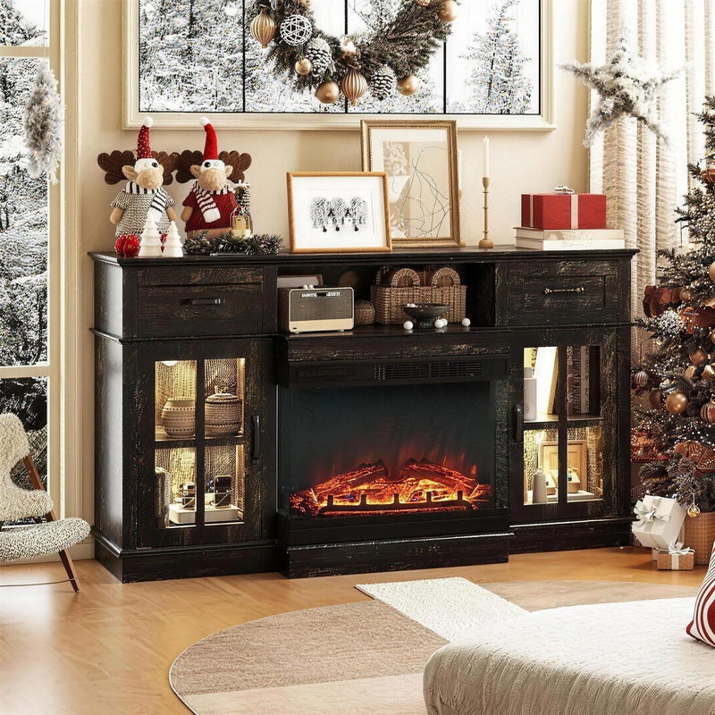 65 Inch Electric Fireplace TV Stand, Modern Media Console Entertainment Center, Storage Cabinets, Adjustable LED Flame for Living Rooms
