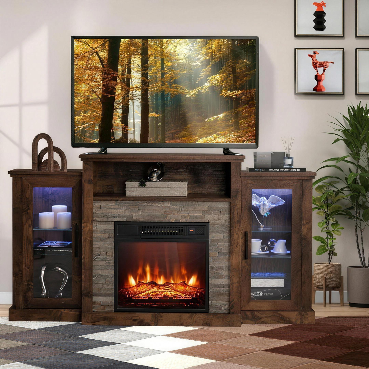 Electric Fireplace TV Stand for TVs up to 65 Inch, Modern Media Console Entertainment Center, Storage Cabinets, Adjustable LED Flame for Living Rooms