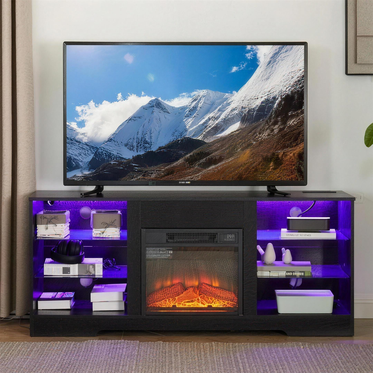 Electric Fireplace TV Stand, Modern Media Console Entertainment Center, Adjustable LED Flame for Living Rooms