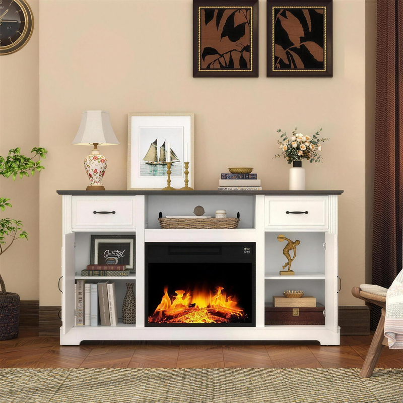 65 Inch Electric Fireplace TV Stand, Modern Media Console Entertainment Center, Storage Cabinets for Living Rooms