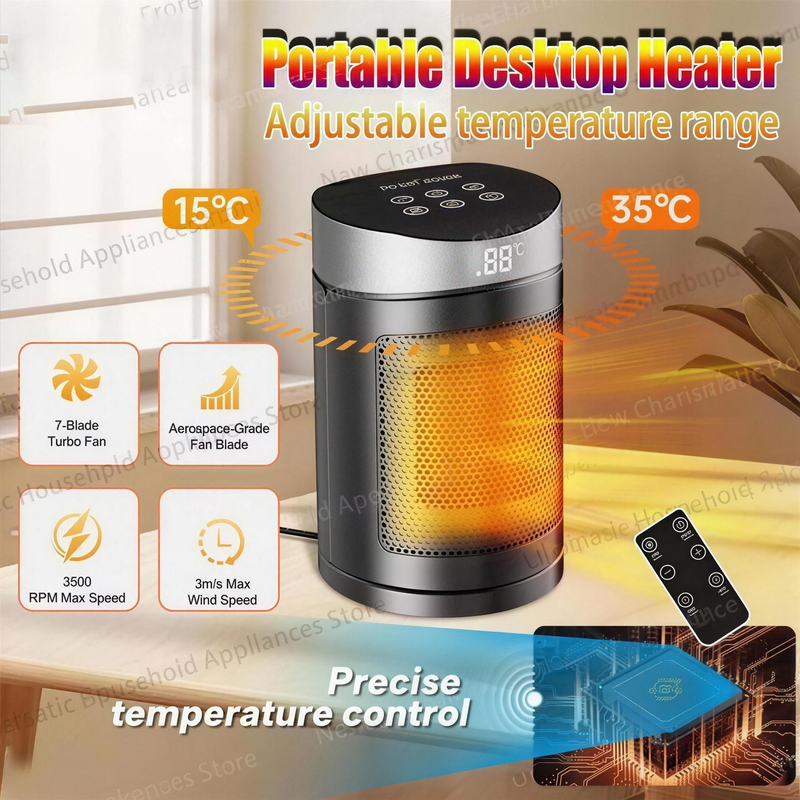 1500W Portable Electric Space Heater, Remote Control, PTC Ceramic Heating, Overheat Protection for Desks, Bedrooms and Home Offices