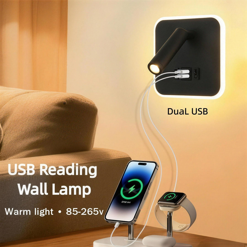LED Wall Lamp with USB Type-C Charging Ports Ambient Backlight Rotatable Reading Spotlight Bedside Bedroom Hotel Wall