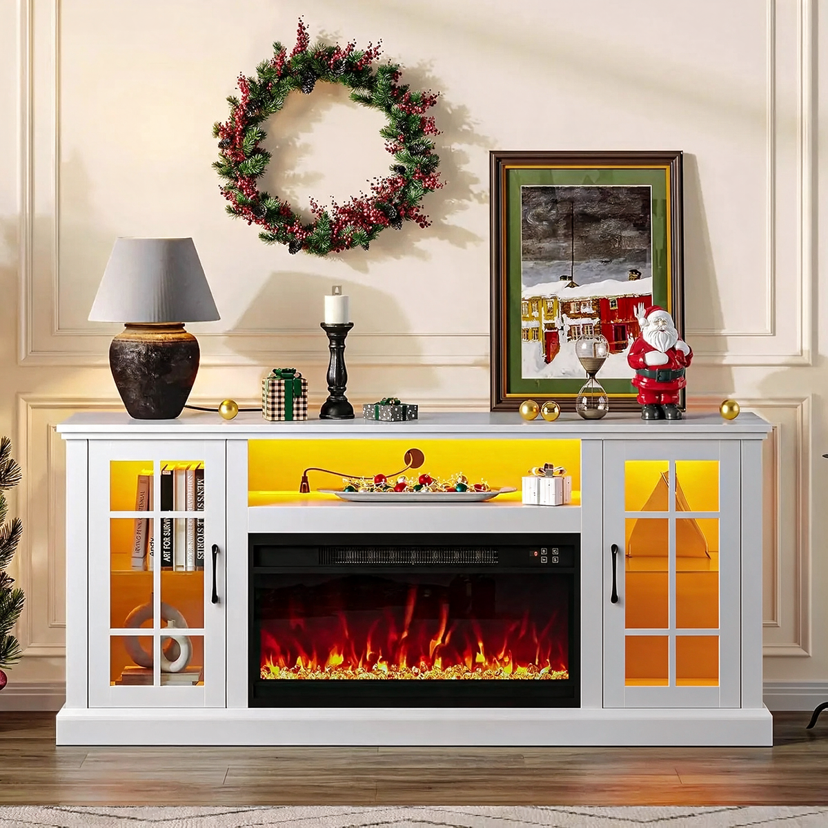 45 Inch Electric Fireplace TV Stand, Modern Media Console Entertainment Center, Storage Cabinets, Adjustable LED Flame for Living Rooms