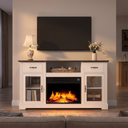 65 Inch Electric Fireplace TV Stand, Solid Wood, Modern Media Console Entertainment Center, Storage Cabinets for Living Rooms viewed across a furnished room, showing its scale against the wall
