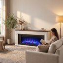 70 Inch Fluted Fireplace TV Stand with 42 Inch Electric Fireplace, Modern Farmhouse Media Console for 65-75 Inch TVs shown in a styled living room with a person relaxing nearby