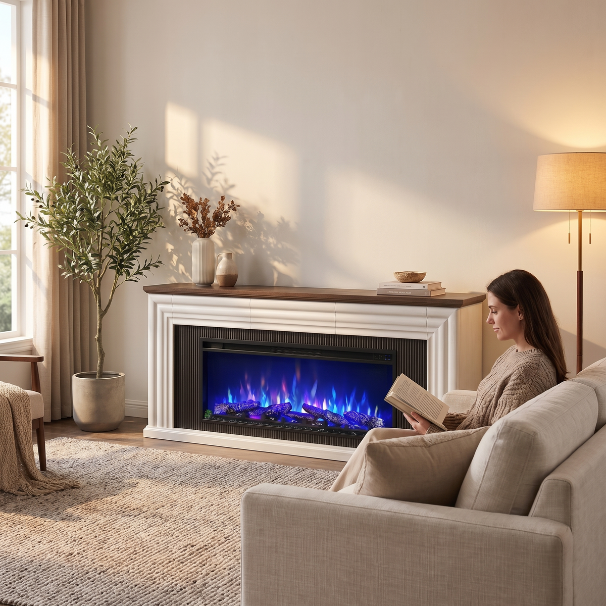 70 Inch Fluted Fireplace TV Stand with 42 Inch Electric Fireplace, Modern Farmhouse Media Console for 65-75 Inch TVs shown in a styled living room with a person relaxing nearby