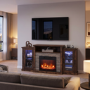 Electric Fireplace TV Stand for TVs up to 65 Inch, Modern Media Console Entertainment Center, Storage Cabinets, Adjustable LED Flame for Living Rooms viewed across a furnished room, showing its scale against the wall